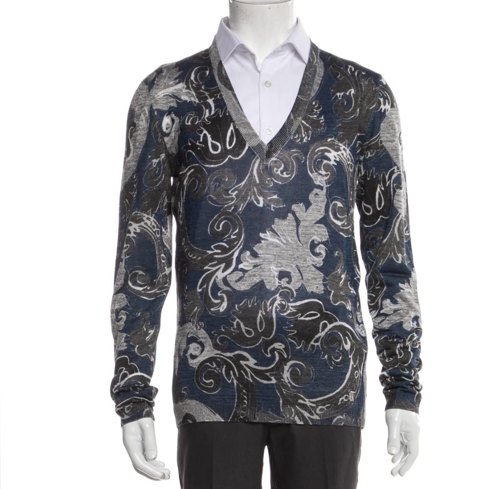 Versace Men's Blue and Gray Patterned Sweater